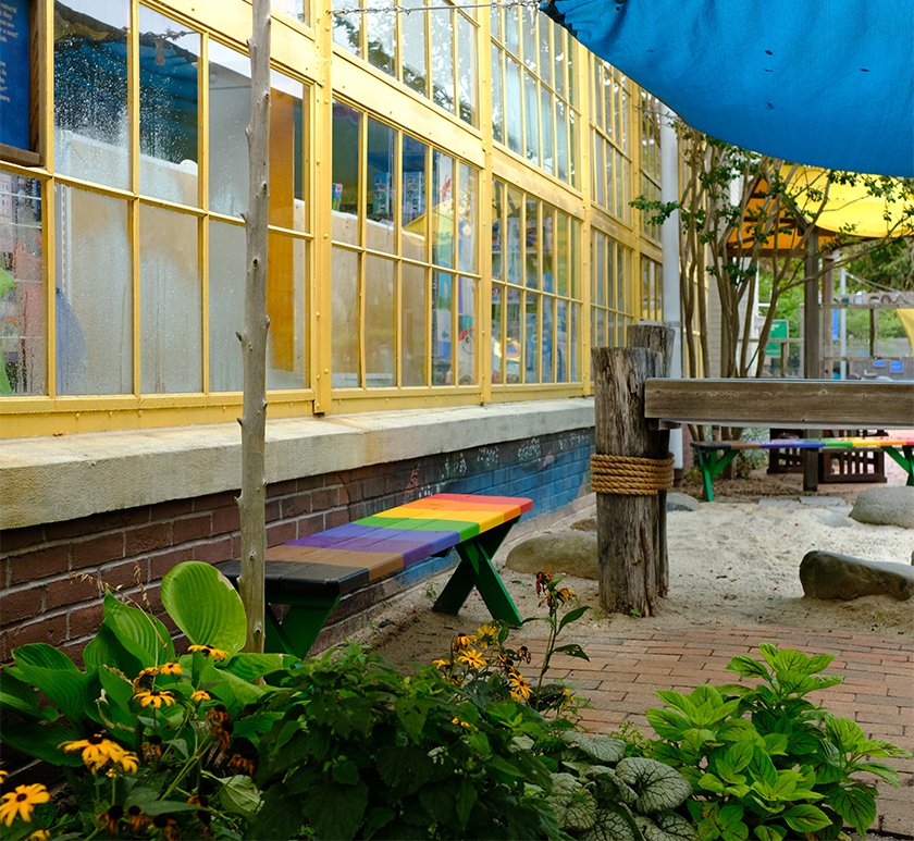 A rainbow bench under windows of LICM in Our Backyard exhibit. 