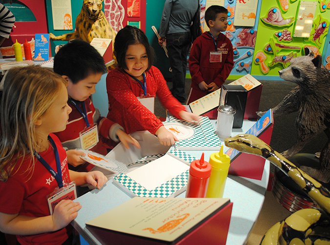 Children experimenting with the similar and different kinds of foods animals eat in our Feasts for Beasts exhibit. 